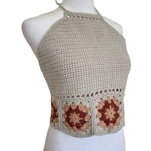 New Crochet Crop Top Size S Handmade Beige Red Halter Neck Boho Festival Hippie